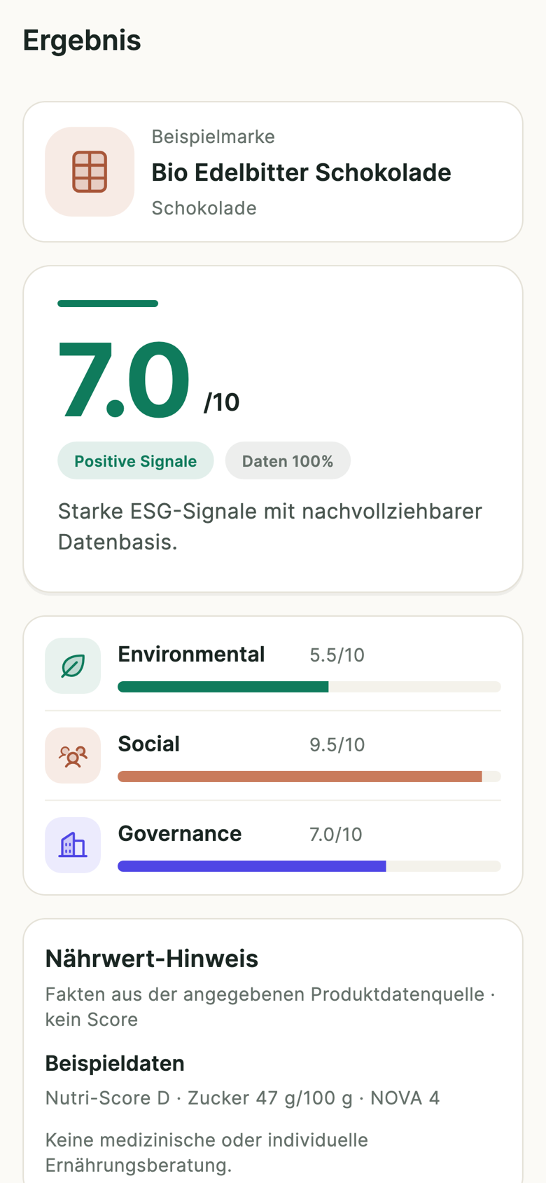 Ergebnis-Bildschirm der ScanFair-App mit Gesamtwert und den drei Säulen Environmental, Social und Governance (Beispieldaten)