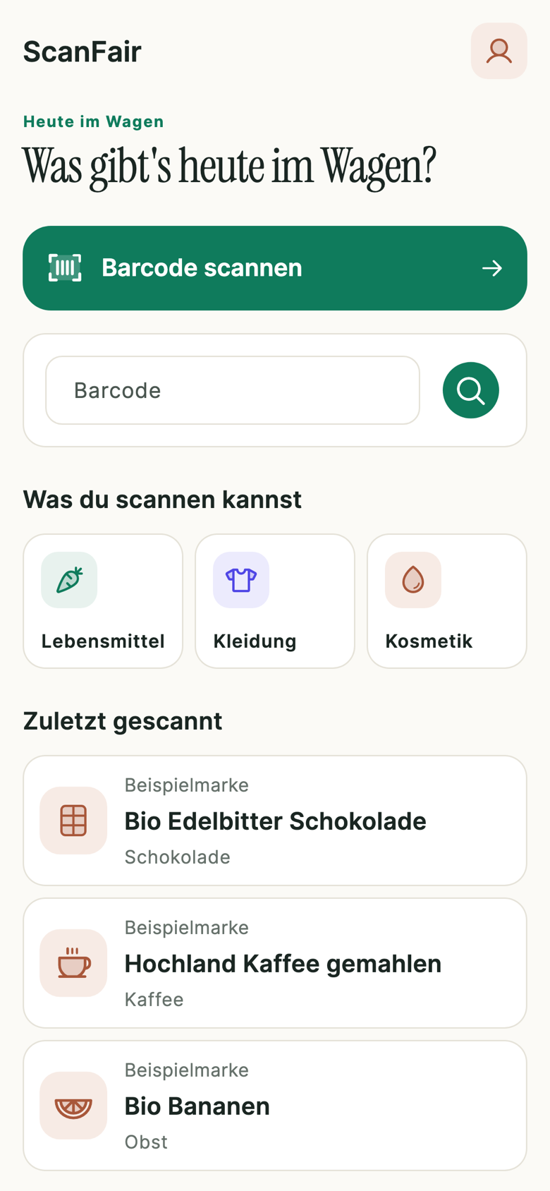 Startbildschirm der ScanFair-App mit Scan-Knopf, Barcode-Eingabe und zuletzt gescannten Produkten